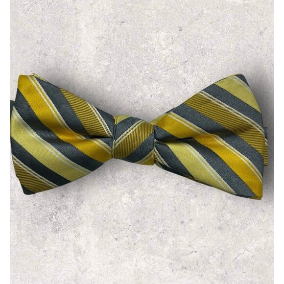 J. FERRAR Polyester Bow Tie Gray Gold Striped W:2.2" EUC - Picture 1 of 2